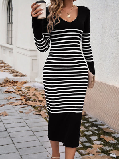 Devine Striped V - Neck Long Sleeve Sweater Dress - Jaazi International