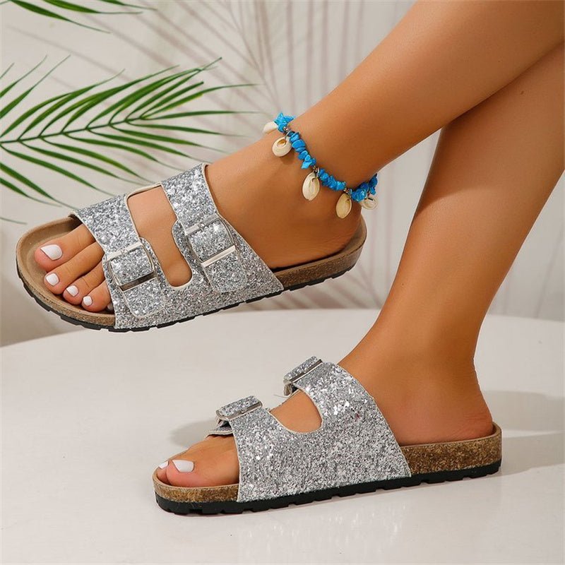 Double Buckle Sandals For Women New Fashion Sequined Beach Shoes Summer Leisure Outdoor Slippers Slides - Jaazi Intl