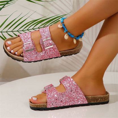 Double Buckle Sandals For Women New Fashion Sequined Beach Shoes Summer Leisure Outdoor Slippers Slides - Jaazi Intl