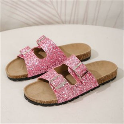 Double Buckle Sandals For Women New Fashion Sequined Beach Shoes Summer Leisure Outdoor Slippers Slides - Jaazi Intl