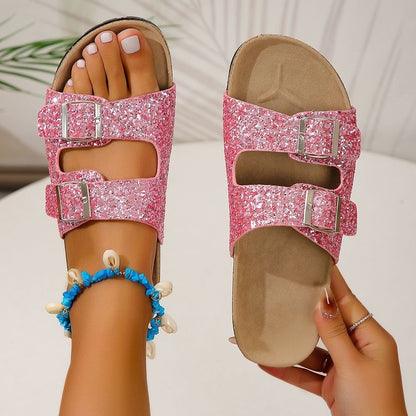 Double Buckle Sandals For Women New Fashion Sequined Beach Shoes Summer Leisure Outdoor Slippers Slides - Jaazi Intl