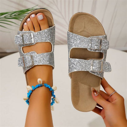 Double Buckle Sandals For Women New Fashion Sequined Beach Shoes Summer Leisure Outdoor Slippers Slides - Jaazi Intl