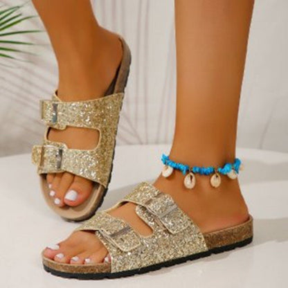 Double Buckle Sandals For Women New Fashion Sequined Beach Shoes Summer Leisure Outdoor Slippers Slides - Jaazi Intl