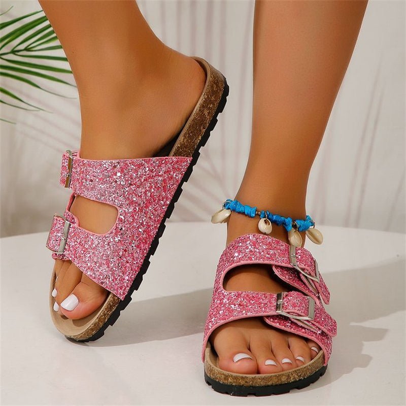 Double Buckle Sandals For Women New Fashion Sequined Beach Shoes Summer Leisure Outdoor Slippers Slides - Jaazi Intl