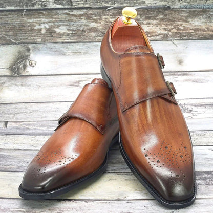 Double Monk Strap Oxford Shoes Mens Handmade Genuine Leather Buckle Men's Dress Shoes Formal Wedding Office for Men Footwear - Jaazi Intl