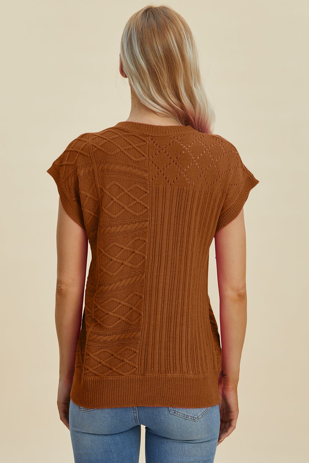 Double Take Full Size Cable - Knit Round Neck Cap Sleeve Sweater - Jaazi Intl