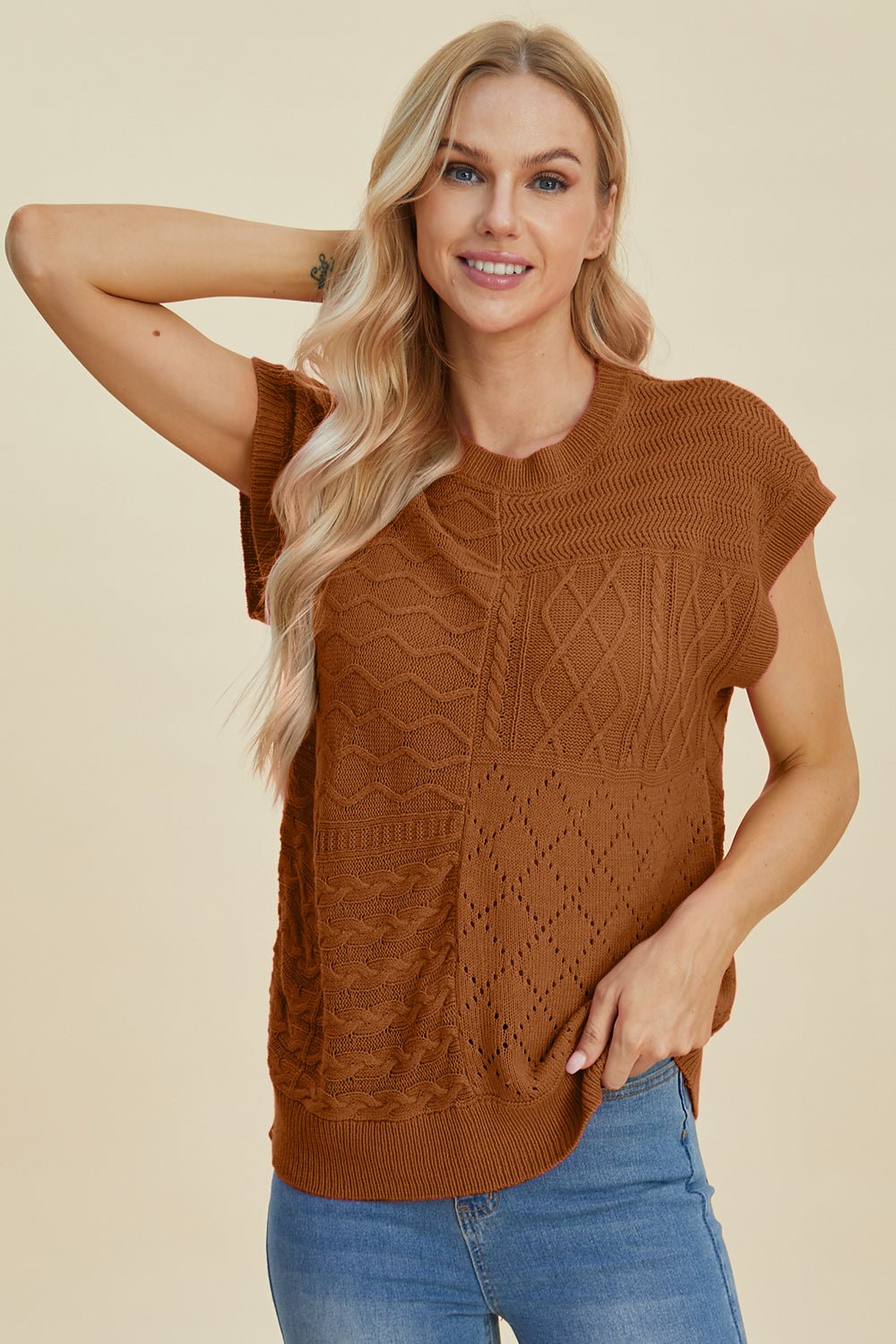 Double Take Full Size Cable - Knit Round Neck Cap Sleeve Sweater - Jaazi Intl