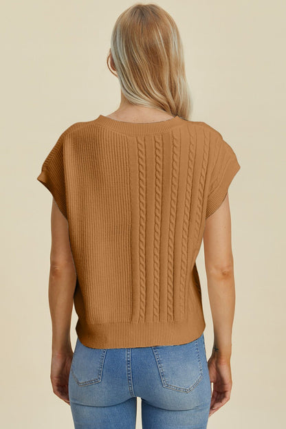 Double Take Full Size Cable - Knit Round Neck Short Sleeve Sweater - Jaazi Intl