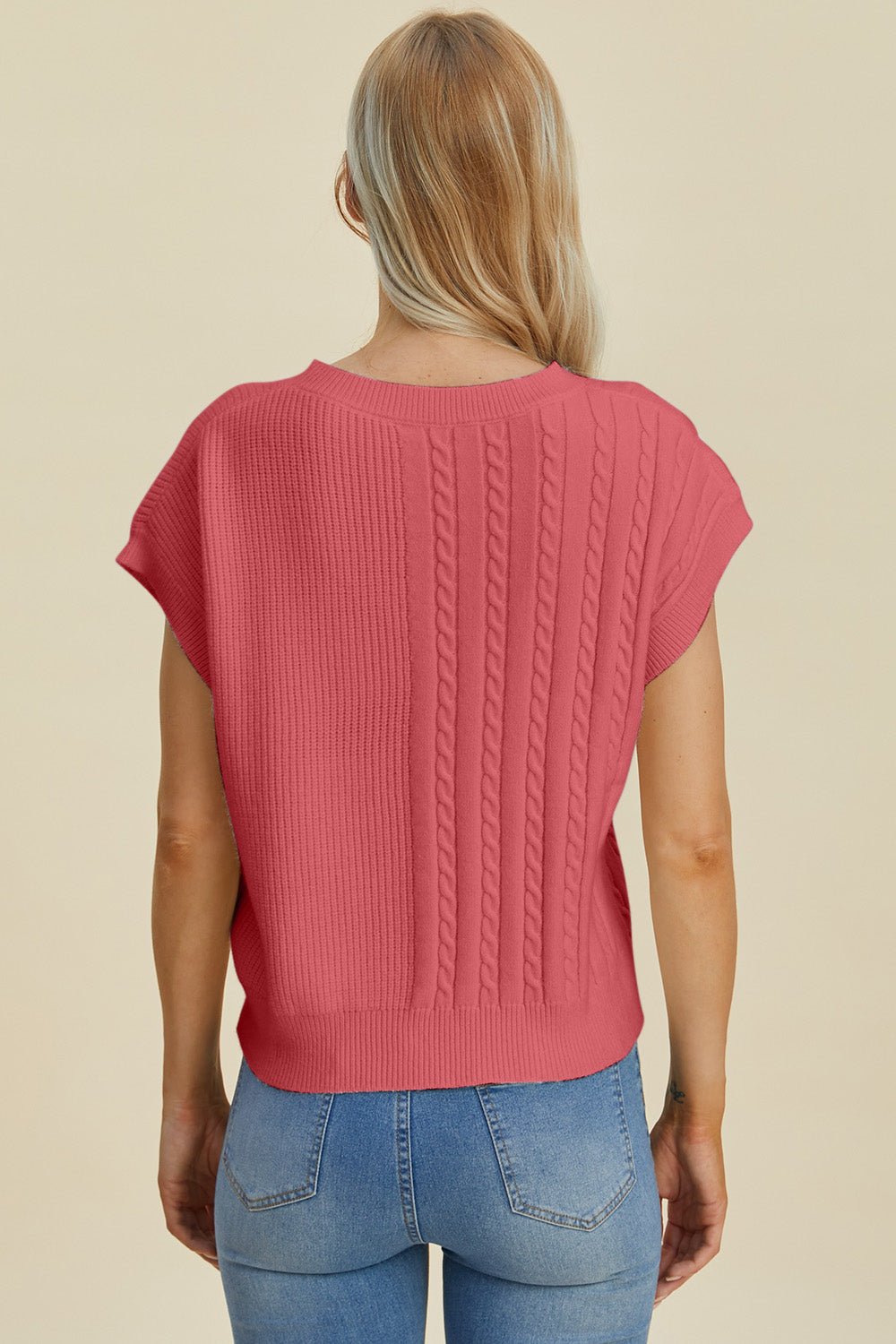 Double Take Full Size Cable - Knit Round Neck Short Sleeve Sweater - Jaazi Intl