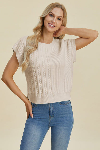 Double Take Full Size Cable - Knit Round Neck Short Sleeve Sweater - Jaazi Intl