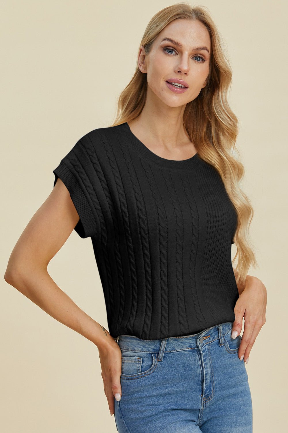 Double Take Full Size Cable - Knit Round Neck Short Sleeve Sweater - Jaazi Intl