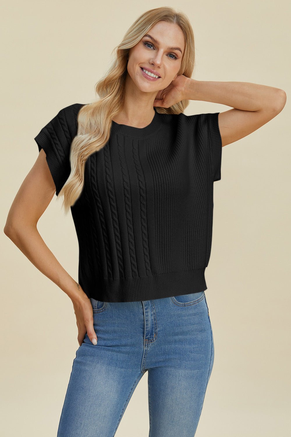 Double Take Full Size Cable - Knit Round Neck Short Sleeve Sweater - Jaazi Intl