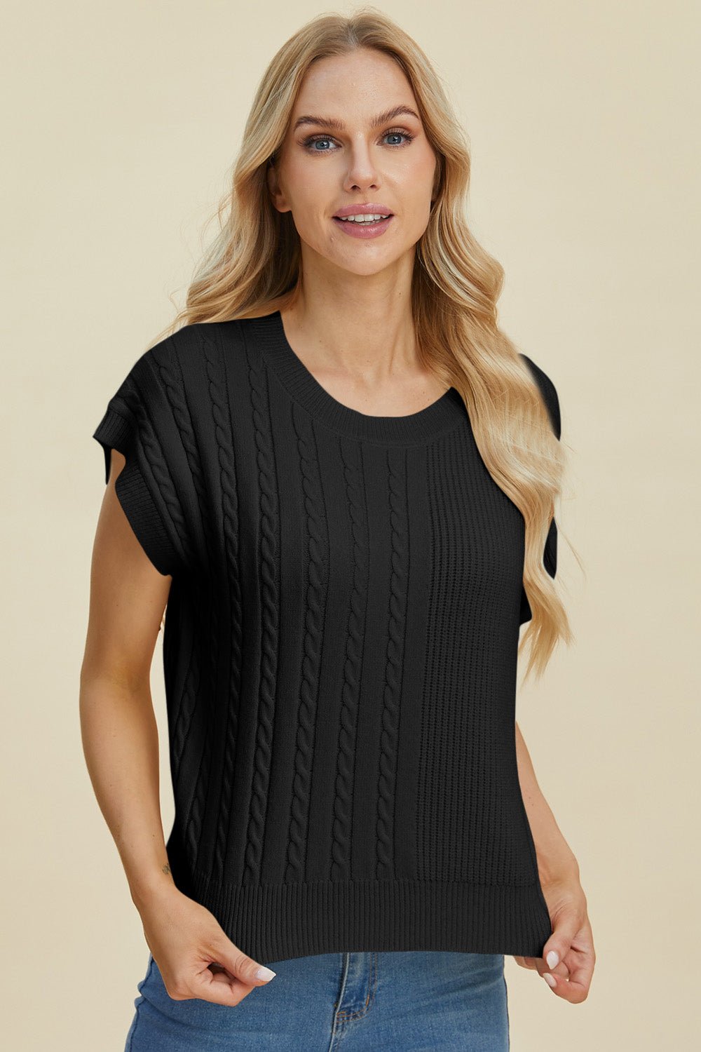 Double Take Full Size Cable - Knit Round Neck Short Sleeve Sweater - Jaazi Intl