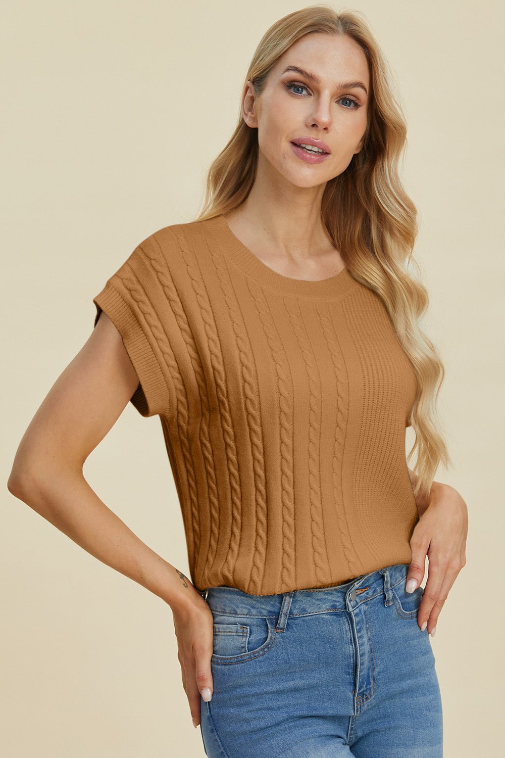 Double Take Full Size Cable - Knit Round Neck Short Sleeve Sweater - Jaazi Intl