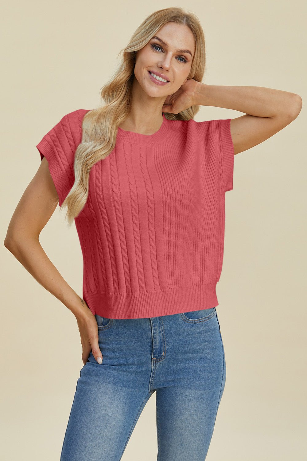 Double Take Full Size Cable - Knit Round Neck Short Sleeve Sweater - Jaazi Intl