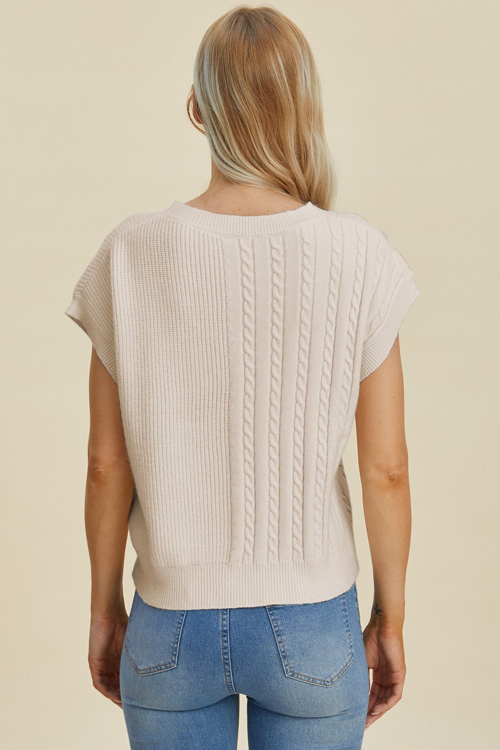 Double Take Full Size Cable - Knit Round Neck Short Sleeve Sweater - Jaazi Intl