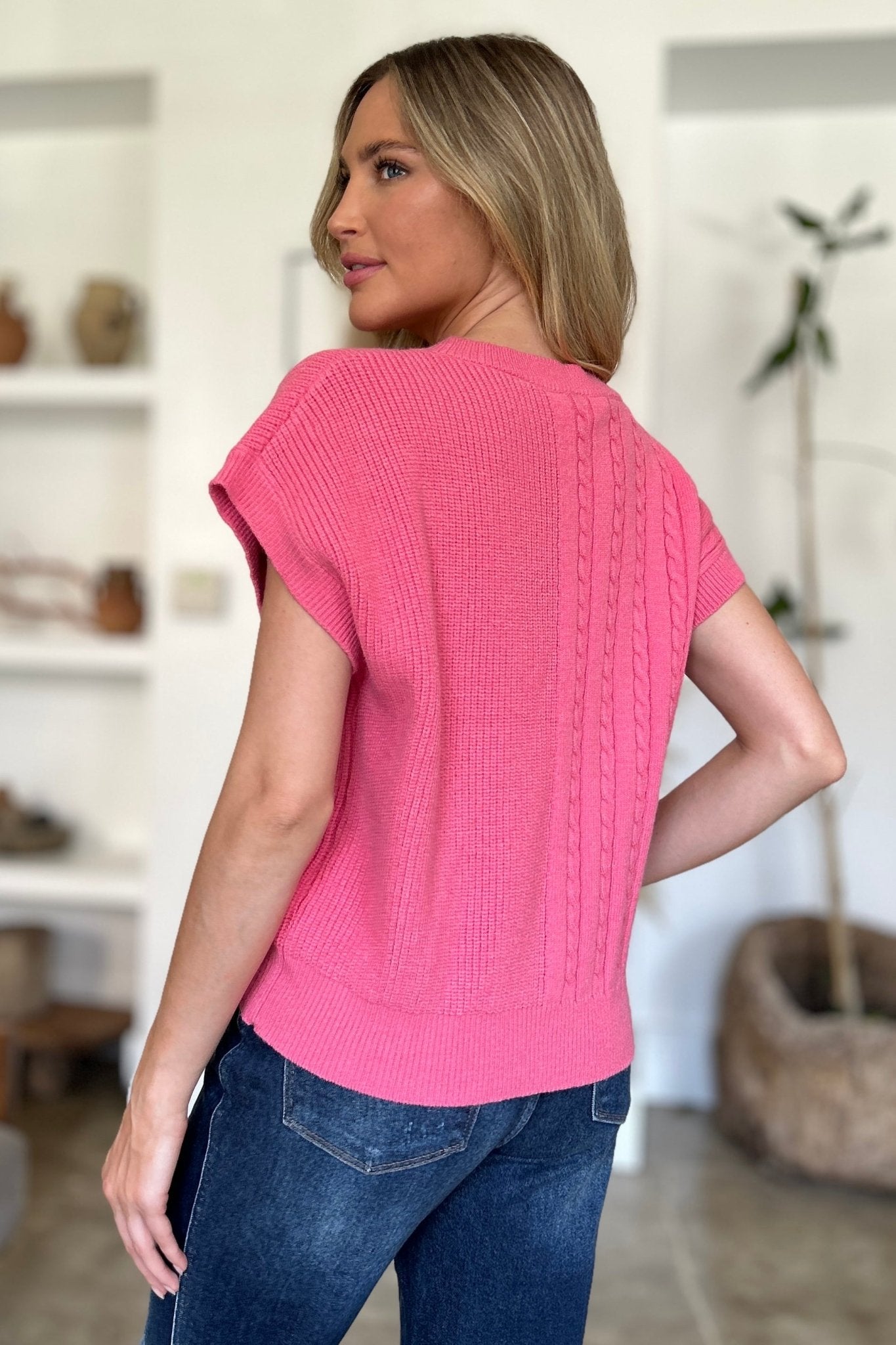 Double Take Full Size Cable - Knit Round Neck Short Sleeve Sweater - Jaazi Intl