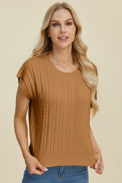 Double Take Full Size Cable - Knit Round Neck Short Sleeve Sweater - Jaazi Intl