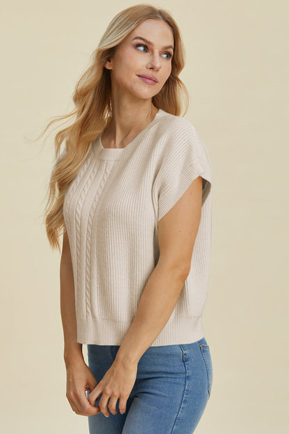 Double Take Full Size Cable - Knit Round Neck Short Sleeve Sweater - Jaazi Intl