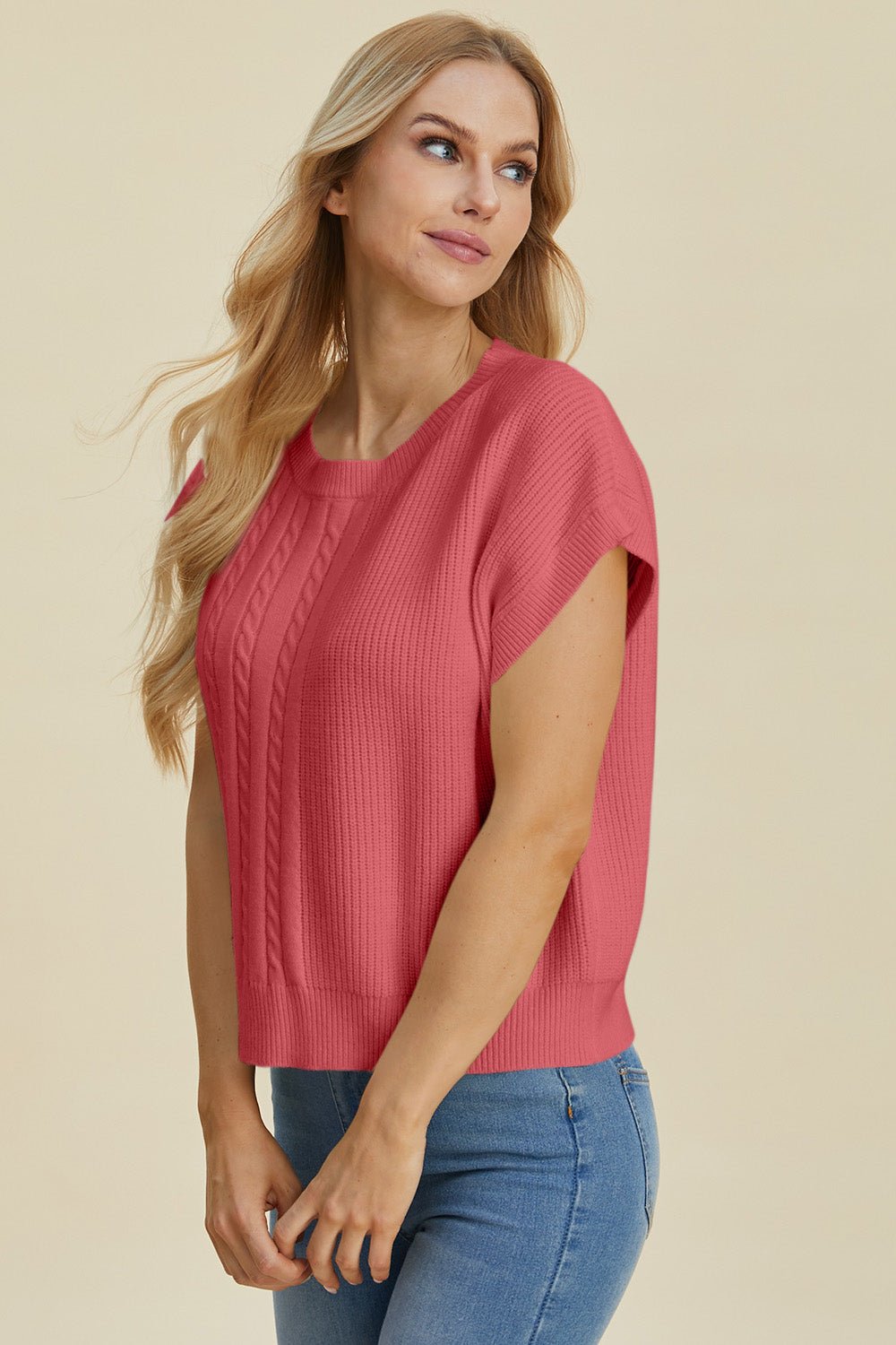 Double Take Full Size Cable - Knit Round Neck Short Sleeve Sweater - Jaazi Intl