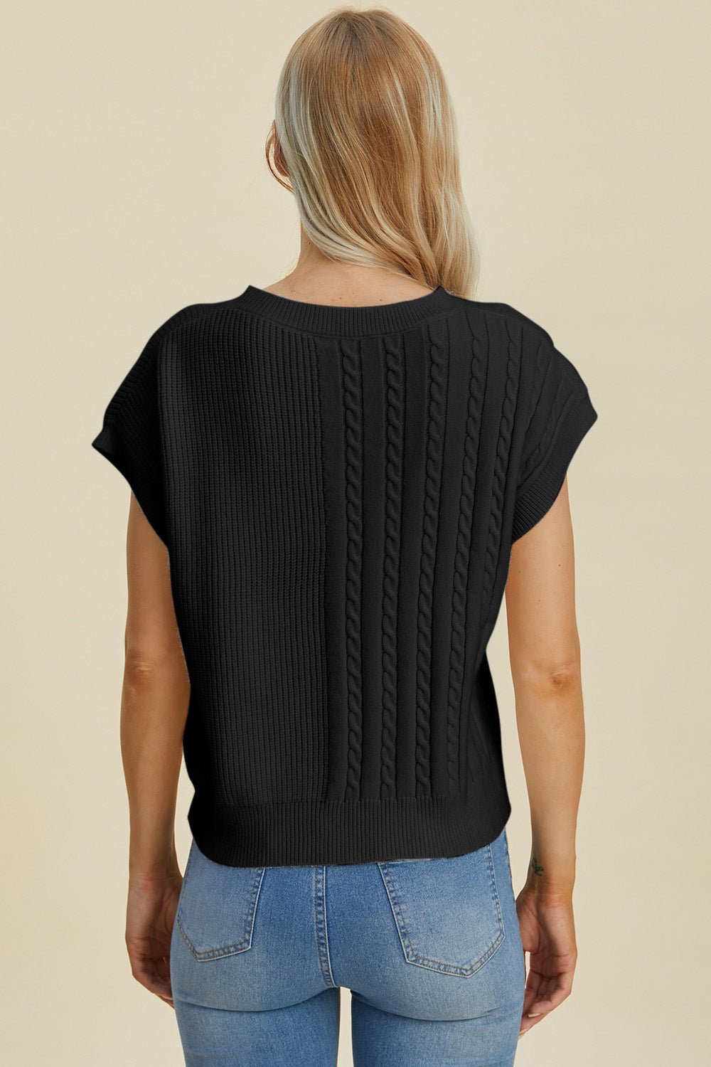 Double Take Full Size Cable - Knit Round Neck Short Sleeve Sweater - Jaazi Intl