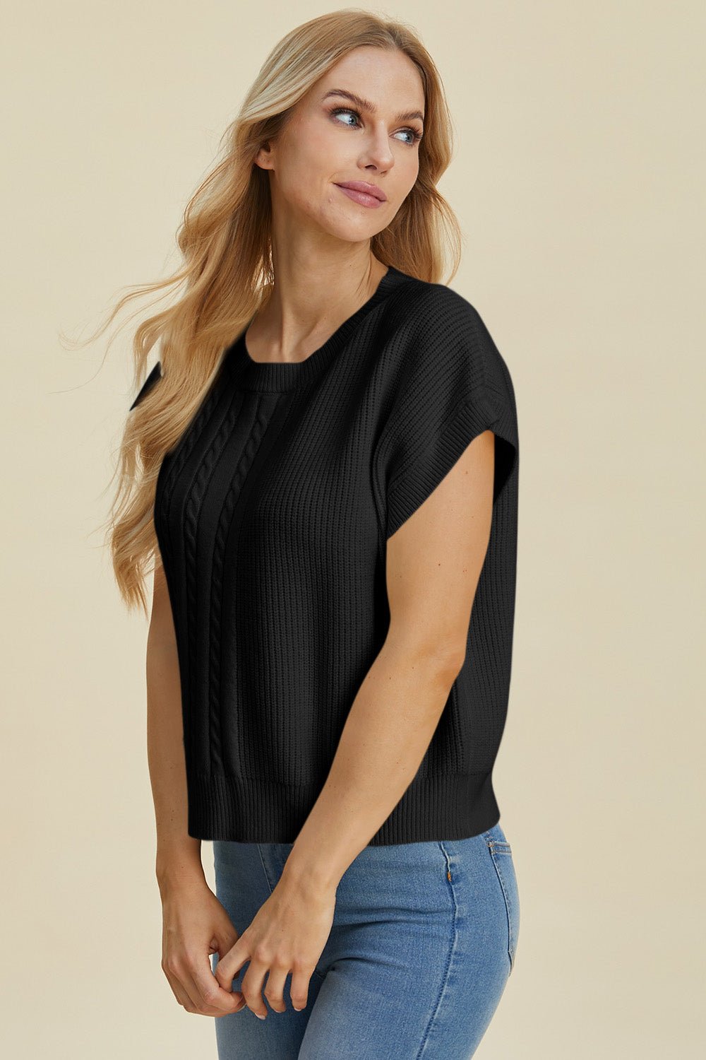 Double Take Full Size Cable - Knit Round Neck Short Sleeve Sweater - Jaazi Intl