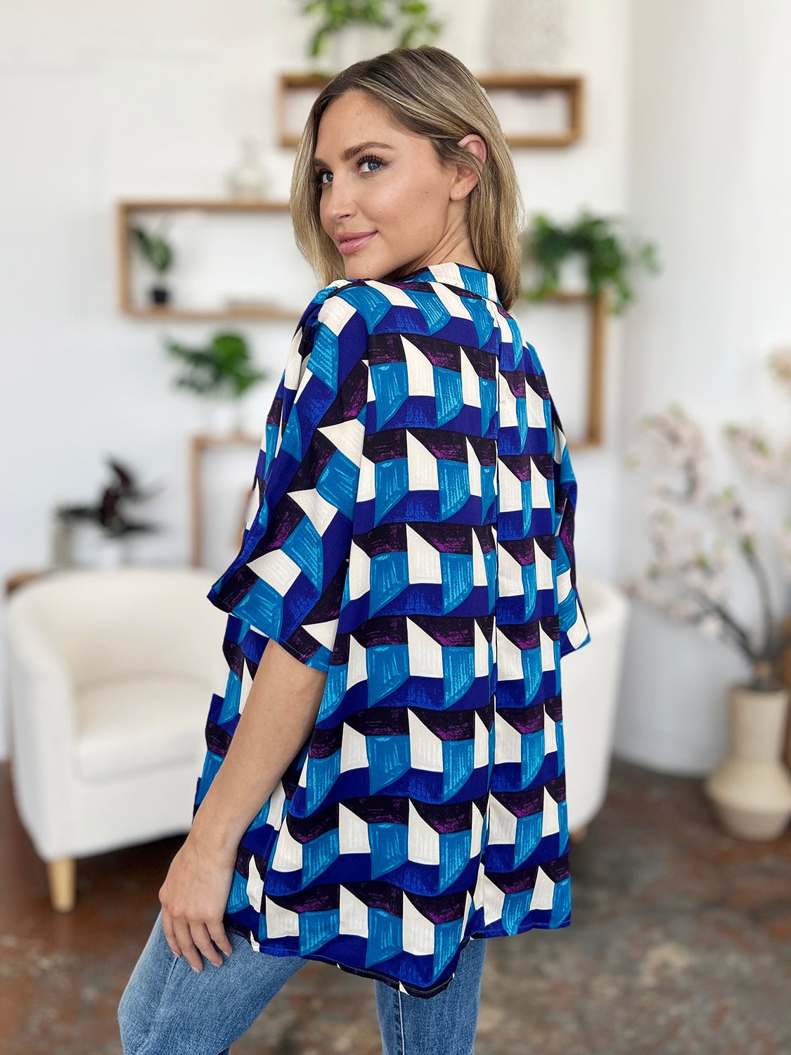 Double Take Full Size Geometric Notched Half Sleeve Blouse - Jaazi Intl