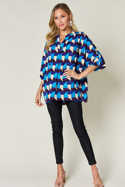 Double Take Full Size Geometric Notched Half Sleeve Blouse - Jaazi Intl