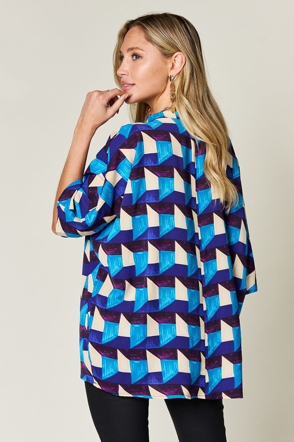 Double Take Full Size Geometric Notched Half Sleeve Blouse - Jaazi Intl