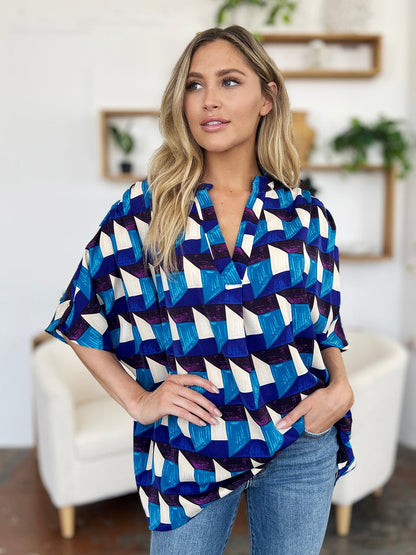 Double Take Full Size Geometric Notched Half Sleeve Blouse - Jaazi Intl