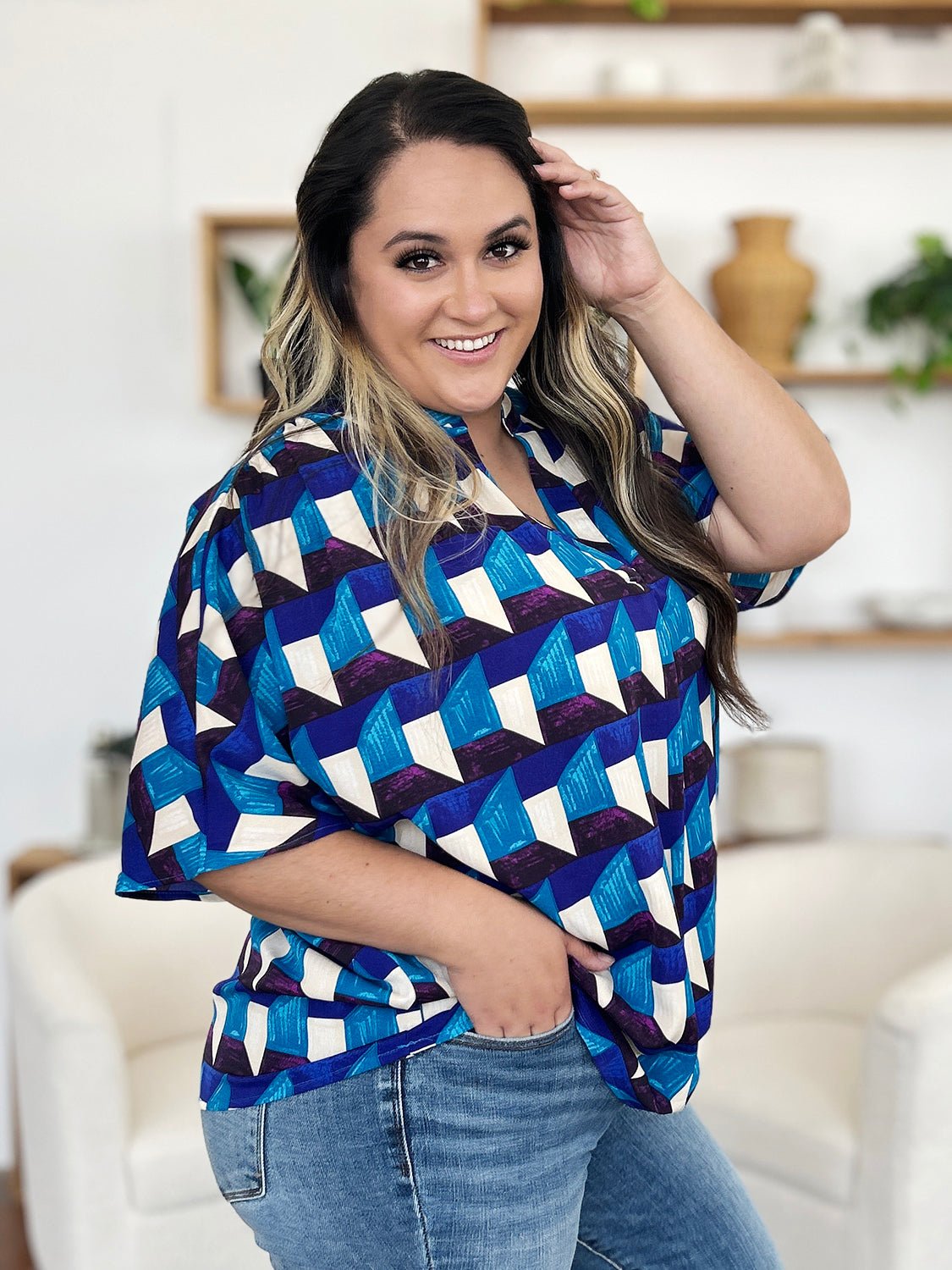 Double Take Full Size Geometric Notched Half Sleeve Blouse - Jaazi Intl