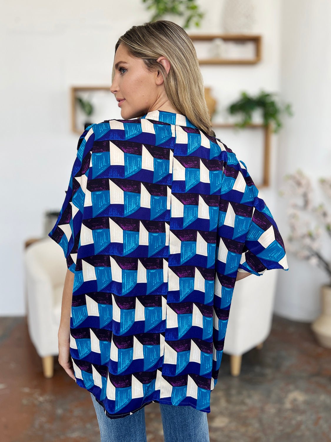 Double Take Full Size Geometric Notched Half Sleeve Blouse - Jaazi Intl