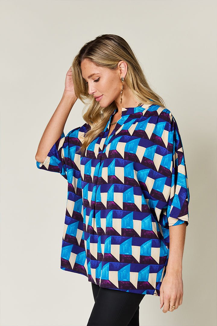 Double Take Full Size Geometric Notched Half Sleeve Blouse - Jaazi Intl