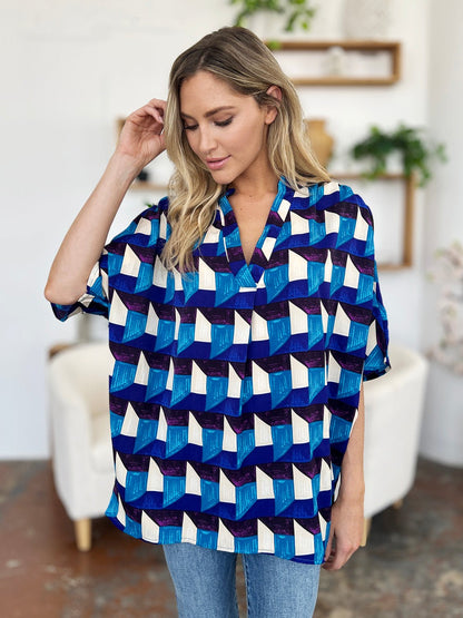 Double Take Full Size Geometric Notched Half Sleeve Blouse - Jaazi Intl