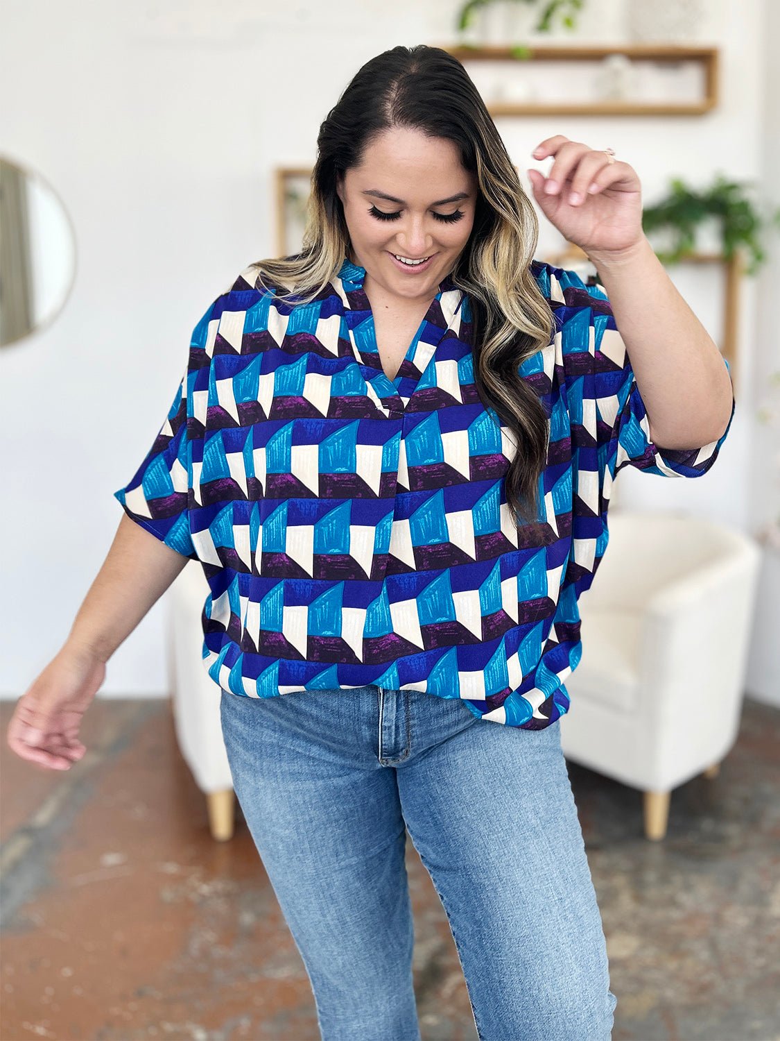 Double Take Full Size Geometric Notched Half Sleeve Blouse - Jaazi Intl