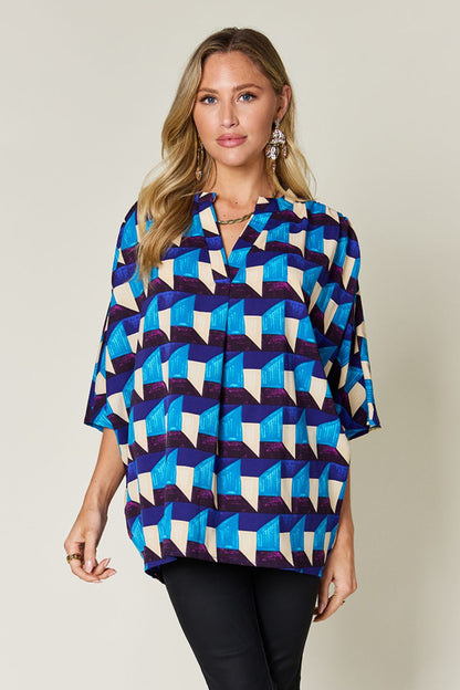 Double Take Full Size Geometric Notched Half Sleeve Blouse - Jaazi Intl