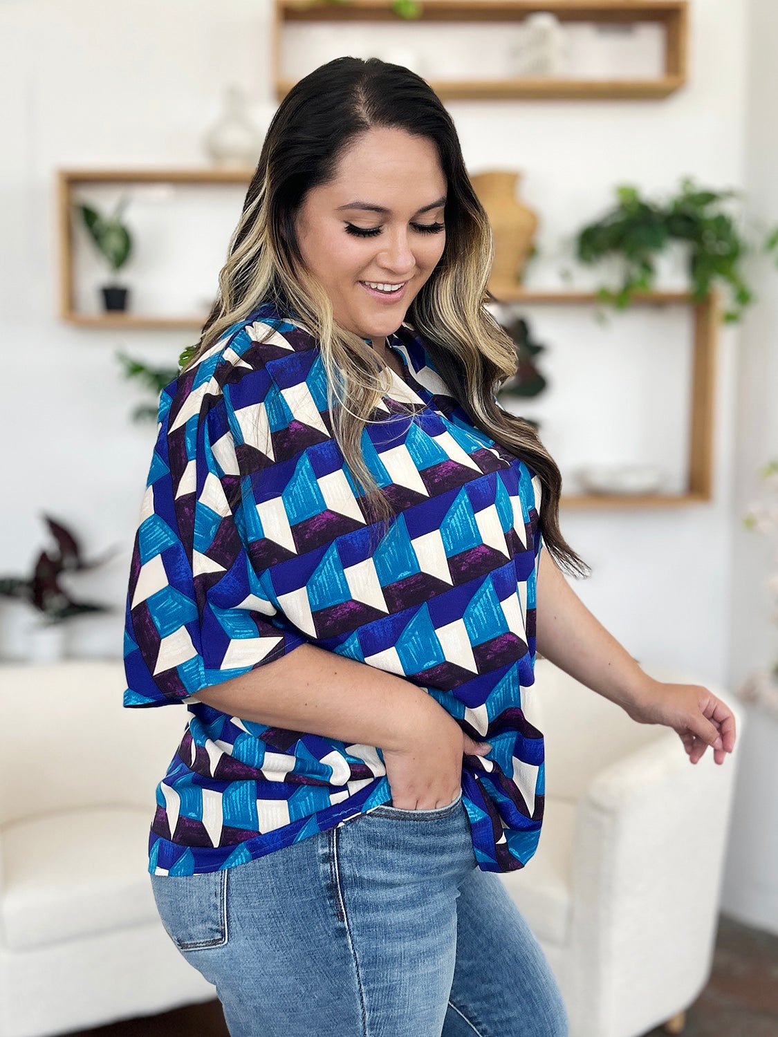 Double Take Full Size Geometric Notched Half Sleeve Blouse - Jaazi Intl