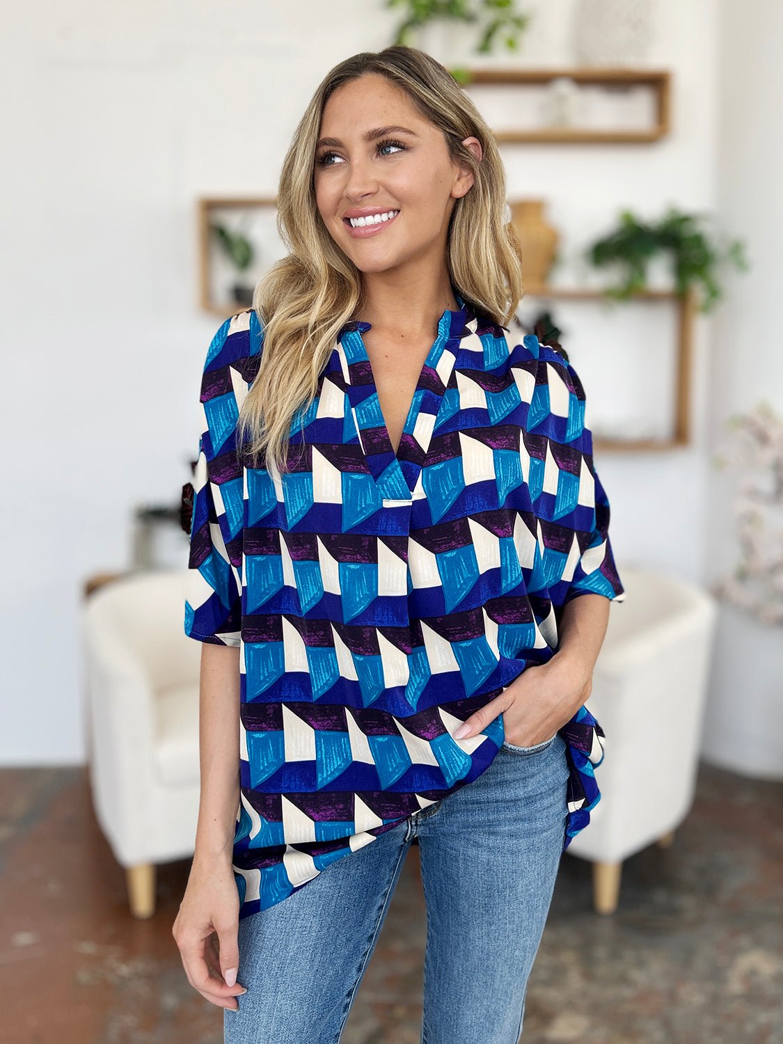 Double Take Full Size Geometric Notched Half Sleeve Blouse - Jaazi Intl