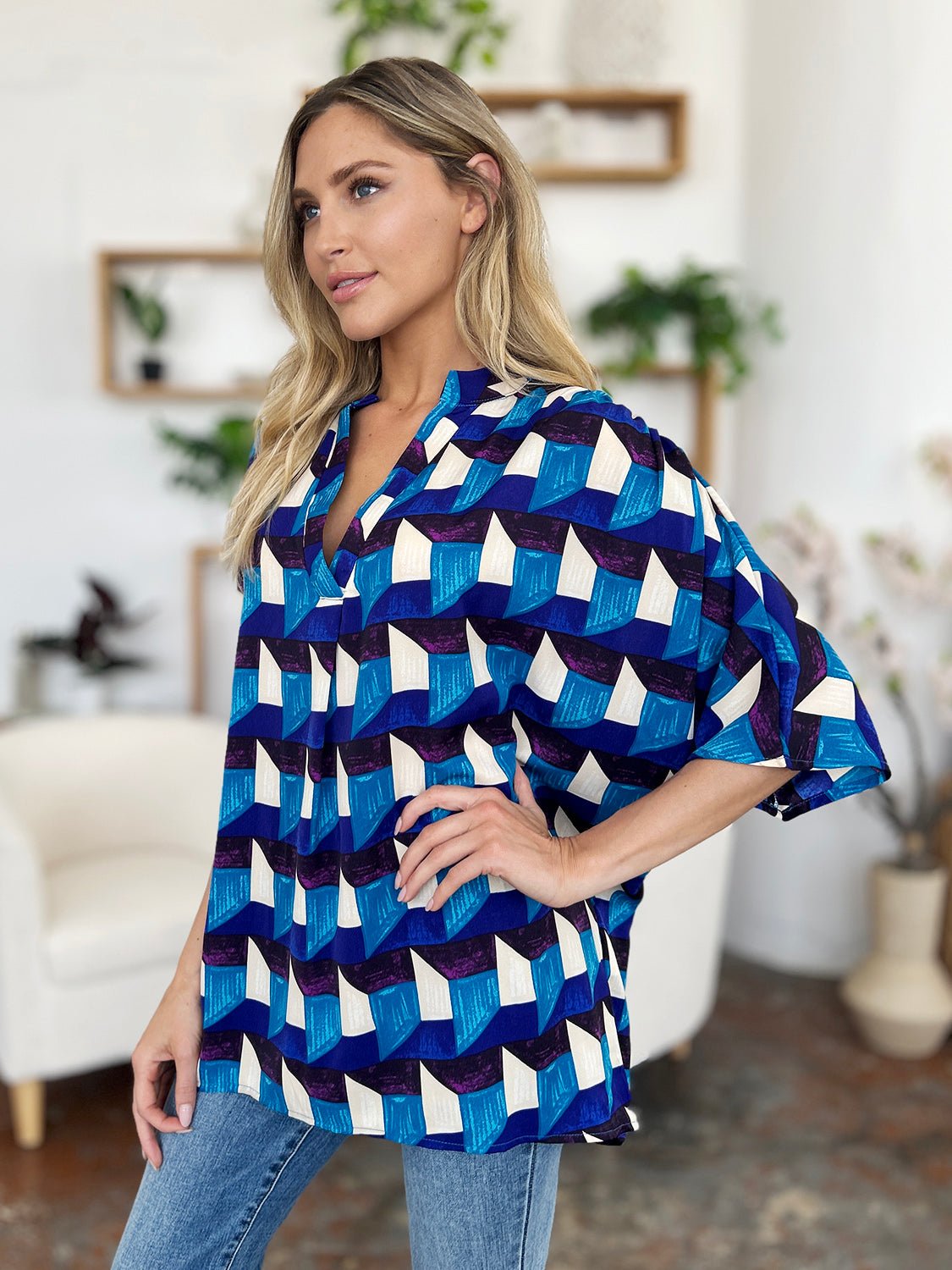 Double Take Full Size Geometric Notched Half Sleeve Blouse - Jaazi Intl