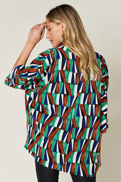 Double Take Full Size Geometric Notched Raglan Sleeve Blouse - Jaazi Intl