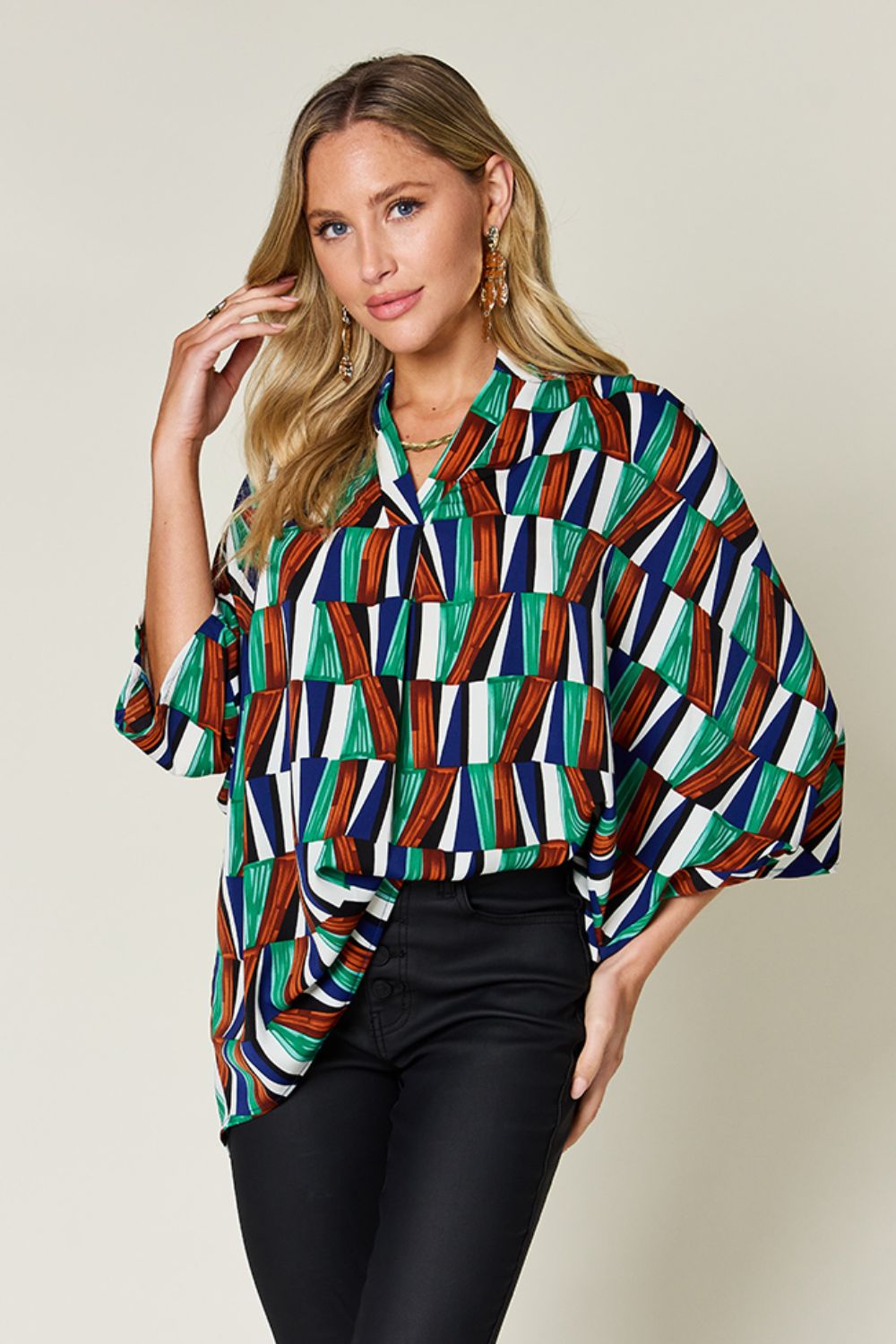 Double Take Full Size Geometric Notched Raglan Sleeve Blouse - Jaazi Intl