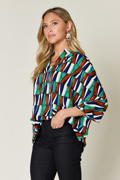 Double Take Full Size Geometric Notched Raglan Sleeve Blouse - Jaazi Intl