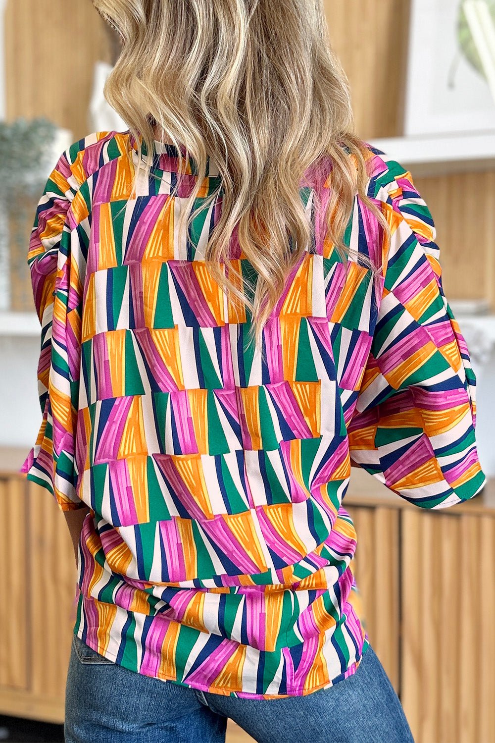 Double Take Full Size Geometric Notched Raglan Sleeve Blouse - Jaazi Intl