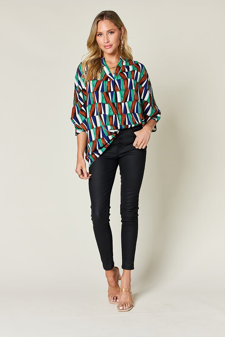 Double Take Full Size Geometric Notched Raglan Sleeve Blouse - Jaazi Intl