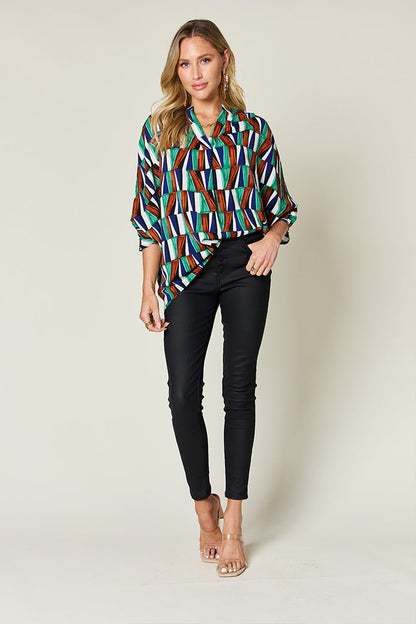 Double Take Full Size Geometric Notched Raglan Sleeve Blouse - Jaazi Intl