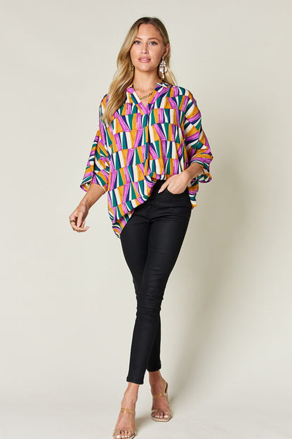 Double Take Full Size Geometric Notched Raglan Sleeve Blouse - Jaazi Intl