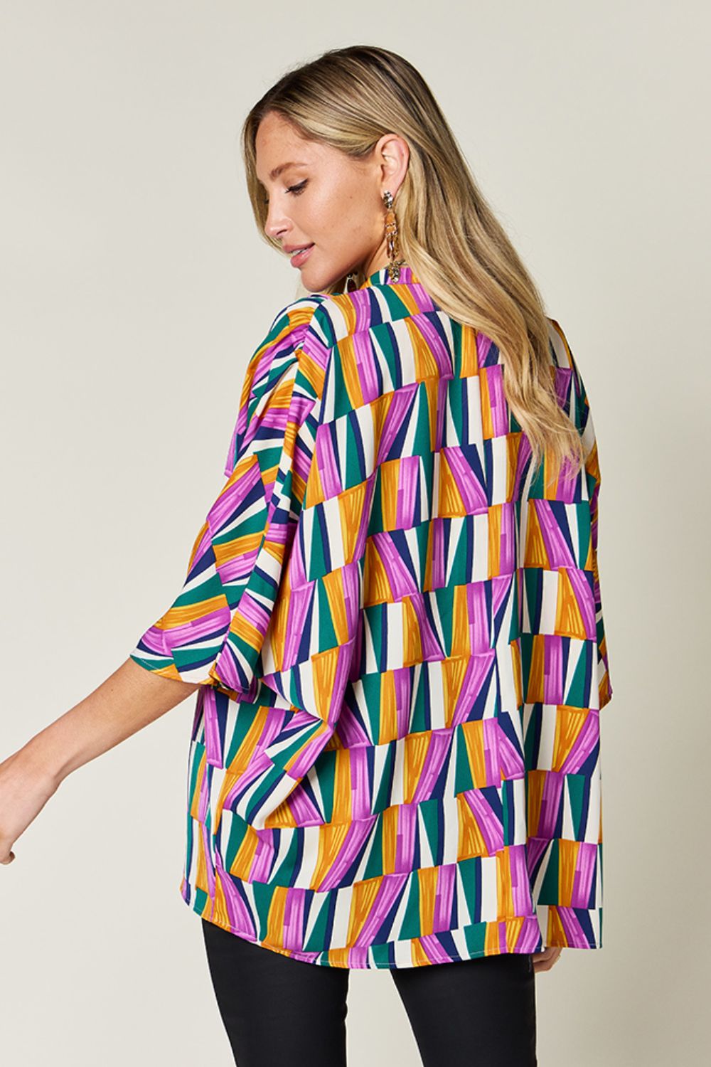 Double Take Full Size Geometric Notched Raglan Sleeve Blouse - Jaazi Intl