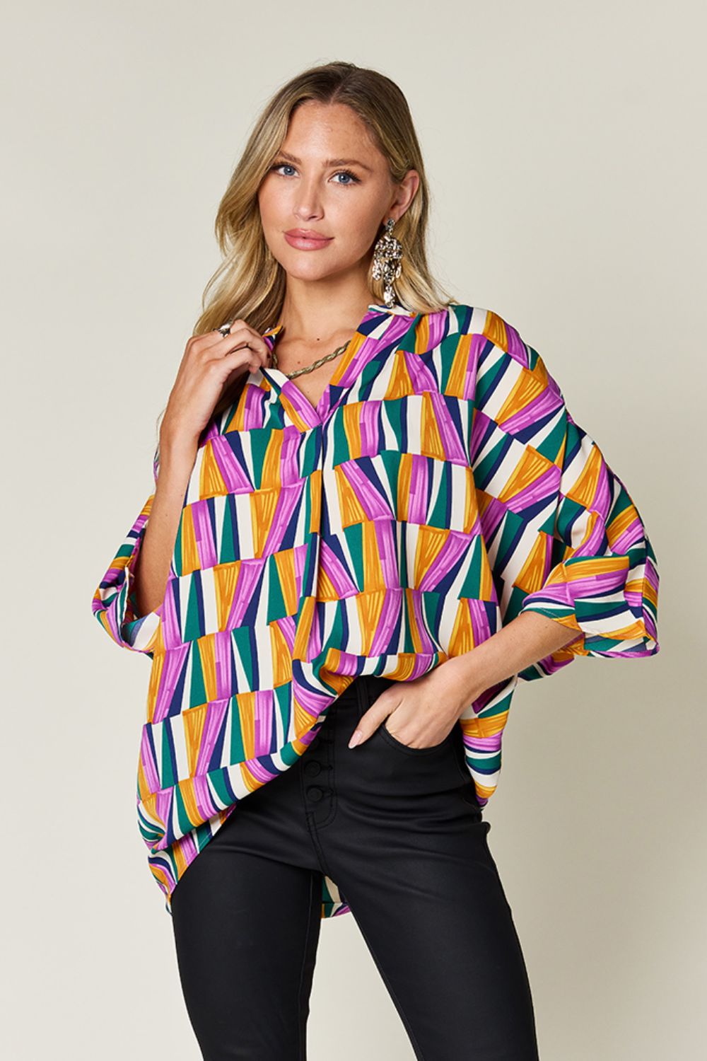 Double Take Full Size Geometric Notched Raglan Sleeve Blouse - Jaazi Intl