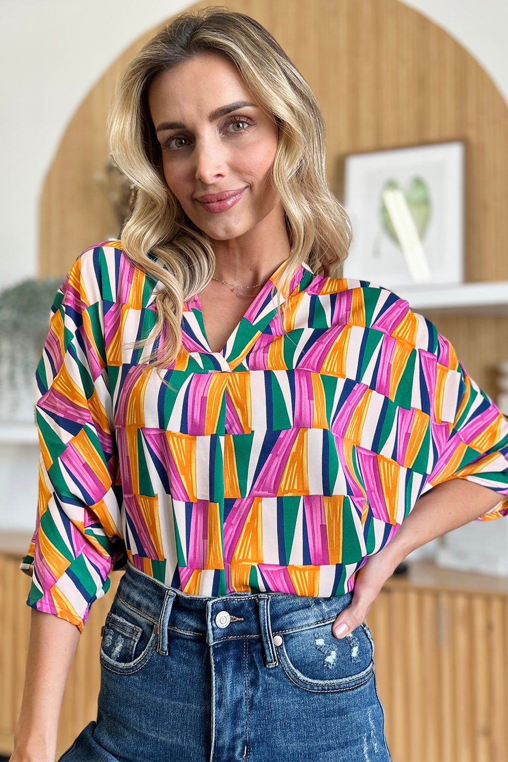 Double Take Full Size Geometric Notched Raglan Sleeve Blouse - Jaazi Intl