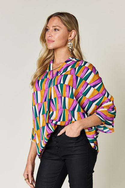 Double Take Full Size Geometric Notched Raglan Sleeve Blouse - Jaazi Intl